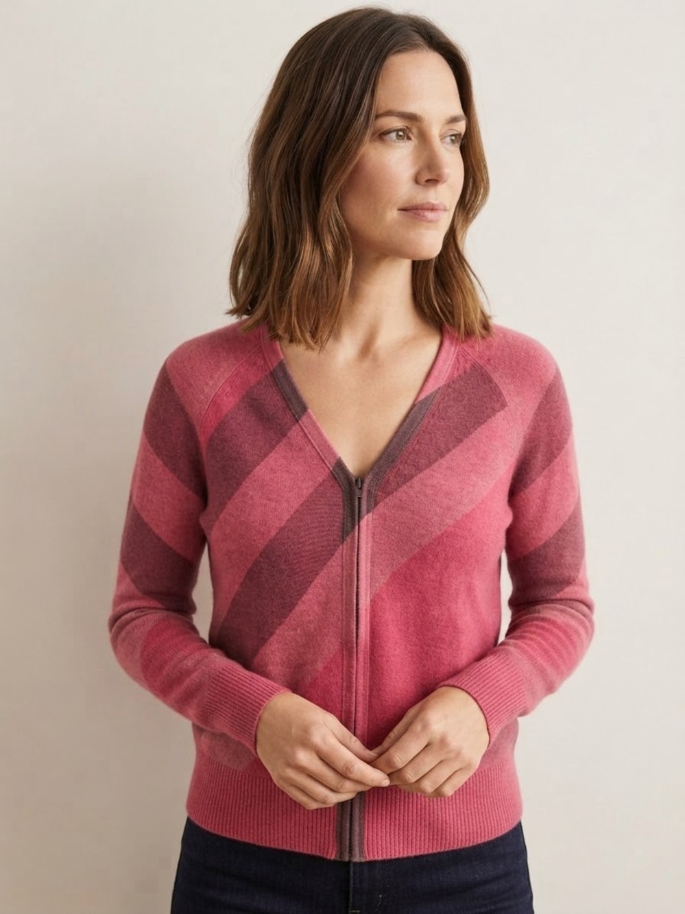 Burberry Sz M Pink Tartan Merino Wool Cashmere Full Zip Cardigan Sweater